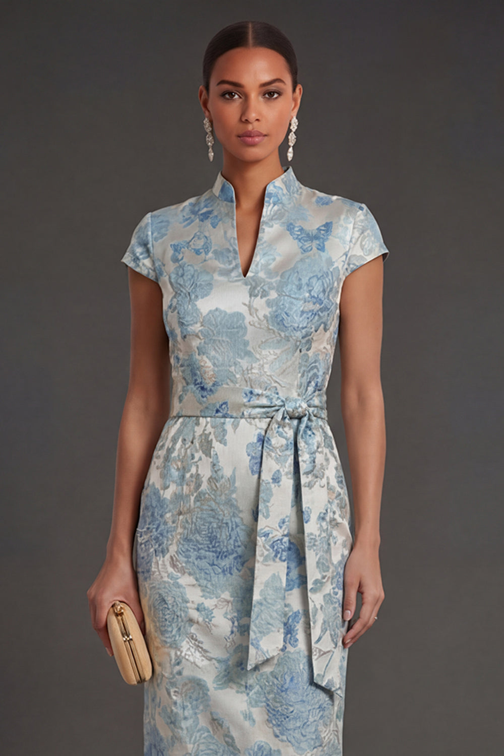 Blue Floral Jacquard V Neck Sheath Long Wedding Guest Dress