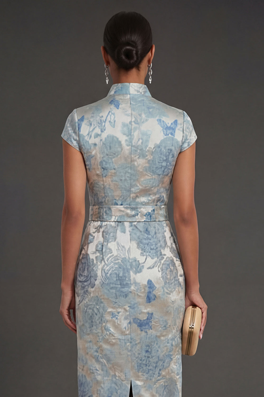 Blue Floral Jacquard V Neck Sheath Long Wedding Guest Dress