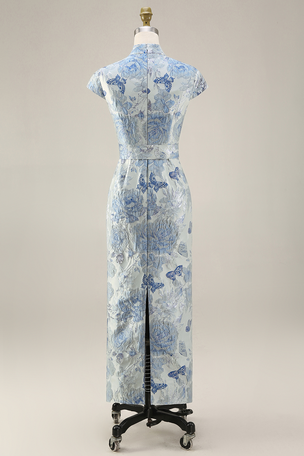 Blue Floral Jacquard V Neck Sheath Long Wedding Guest Dress