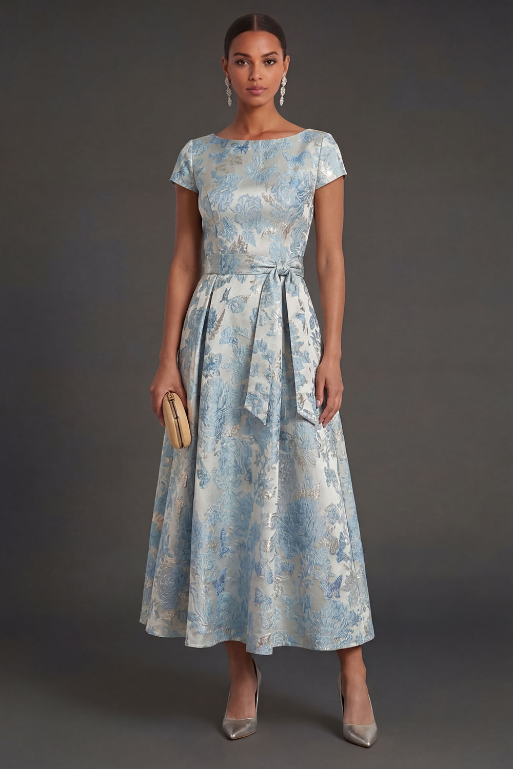 Jacquard Blue Floral A Line Long Formal Dress