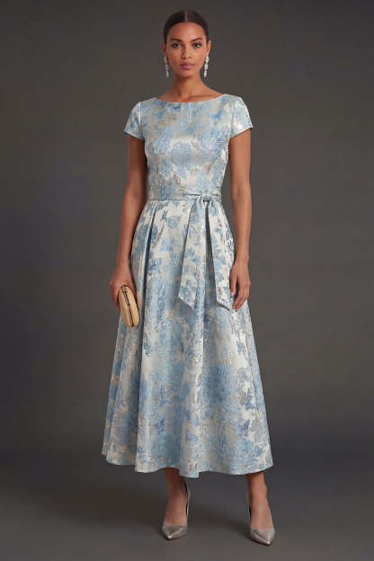 Leely Women Jacquard Blue Floral A Line Long Formal Dress Round Neck Short Sleeves Gala Dress