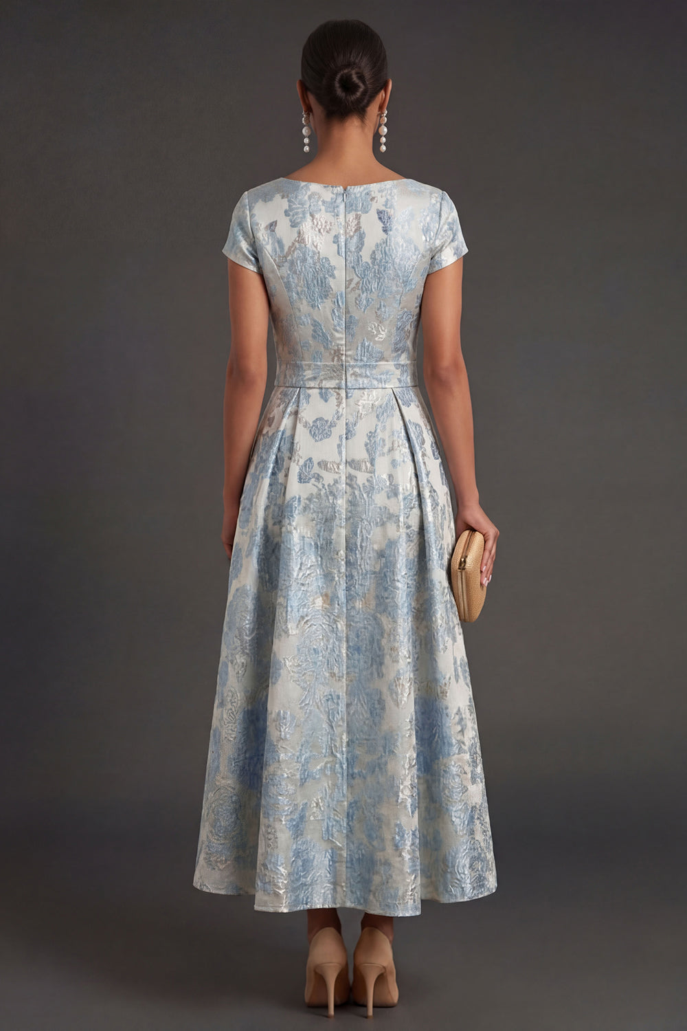 Jacquard Blue Floral A Line Long Formal Dress