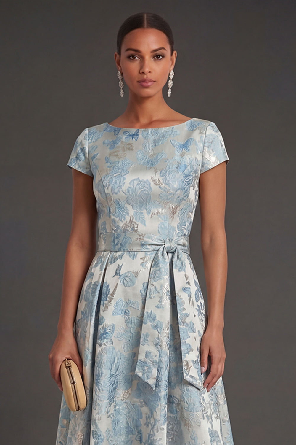 Jacquard Blue Floral A Line Long Formal Dress