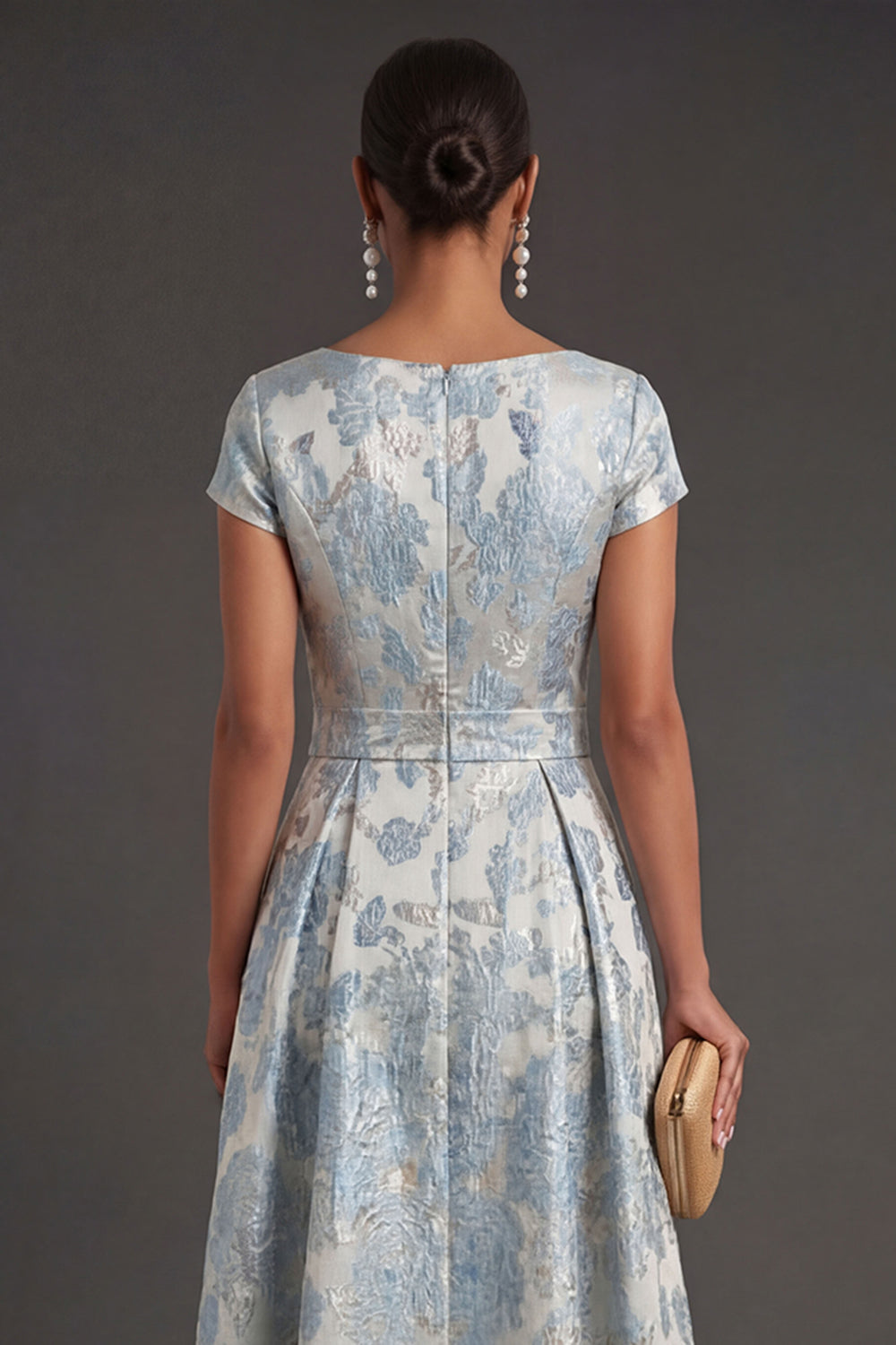 Jacquard Blue Floral A Line Long Formal Dress