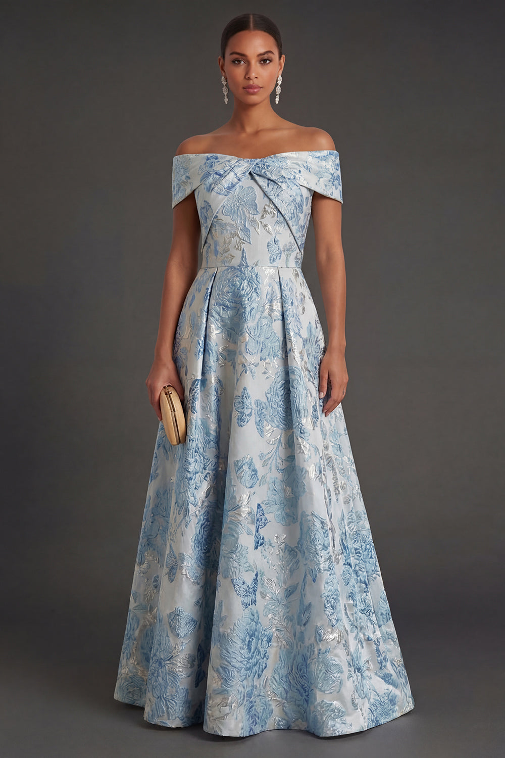 Off the Shoulder Jacquard Blue Floral A Line Long Formal Dress