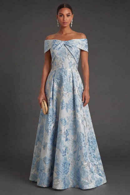 Leely Women Jacquard Blue Floral A Line Long Formal Dress Backless Sleeveless Evening Dress