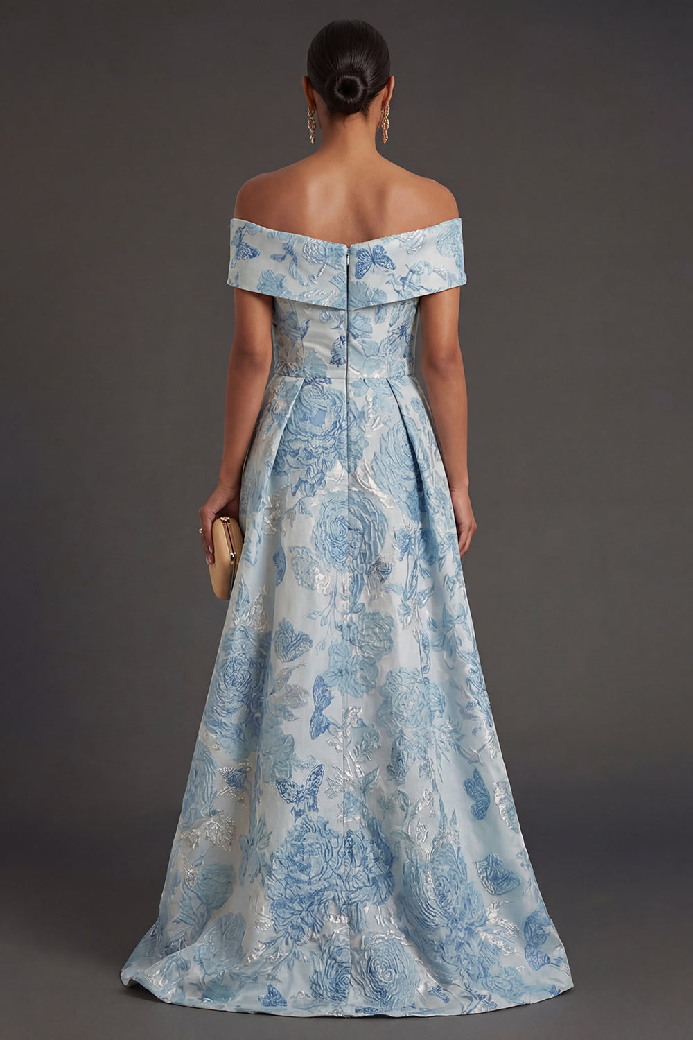 Off the Shoulder Jacquard Blue Floral A Line Long Formal Dress