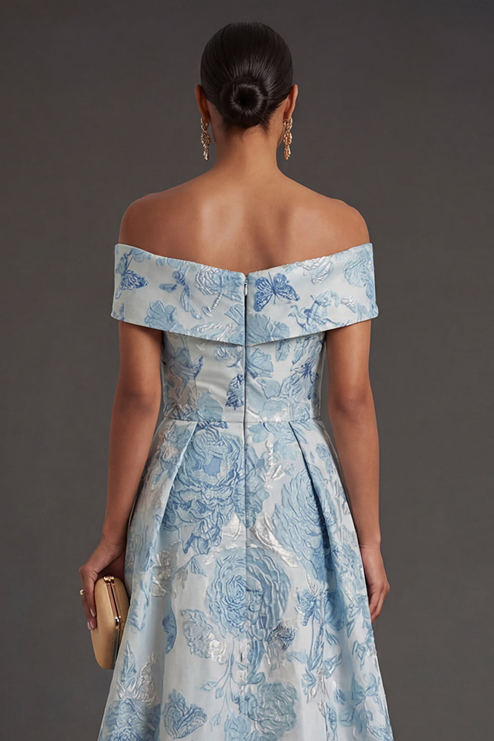 Off the Shoulder Jacquard Blue Floral A Line Long Formal Dress