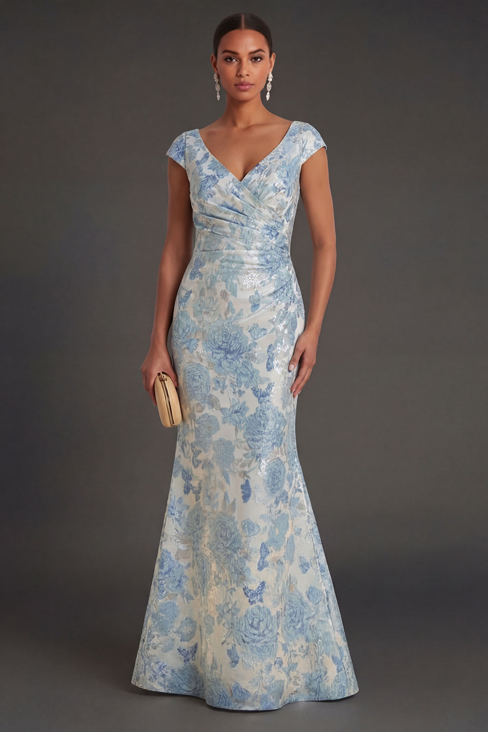 Leely Women Mermaid Jacquard Blue Floral Long Formal Dress V Neck Sleeveless Evening Dress