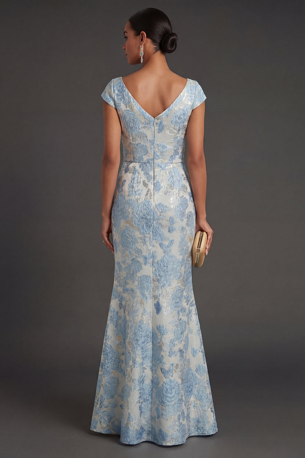 Mermaid Jacquard Blue Floral Long Formal Dress