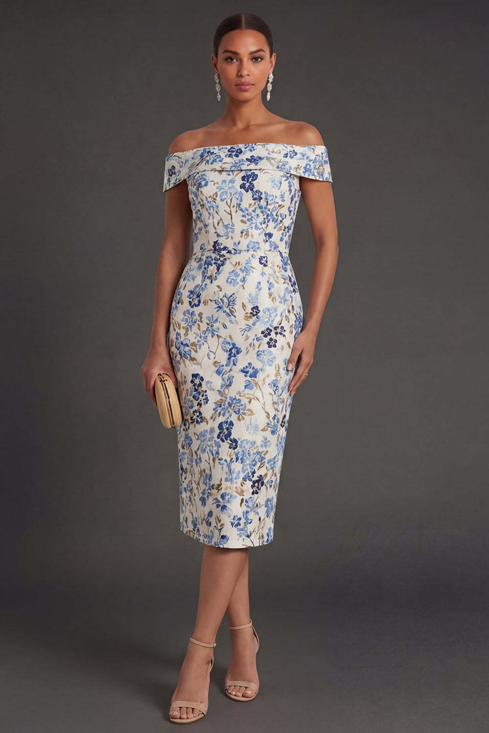 Leely Women Dusty Blue Floral Off the Shoulder Sheath Midi Formal Dress Backless Sleeveless Wedding Guest Dress