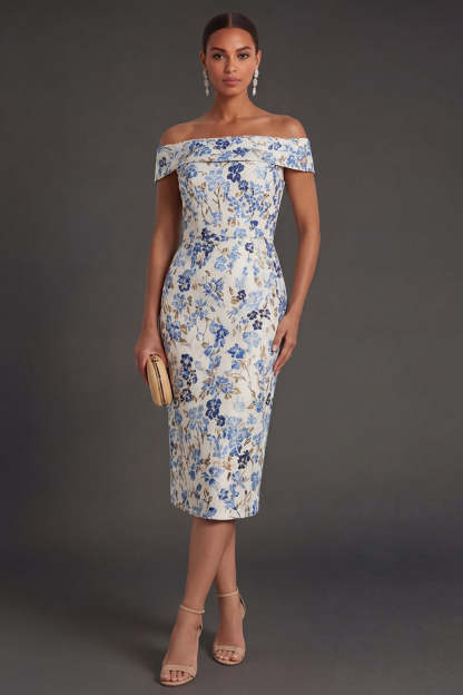 Leely Women Dusty Blue Floral Off the Shoulder Sheath Midi Formal Dress Backless Sleeveless Wedding Guest Dress