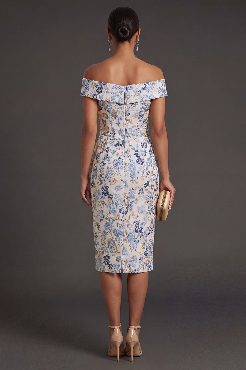 Dusty Blue Floral Off the Shoulder Sheath Midi Formal Dress