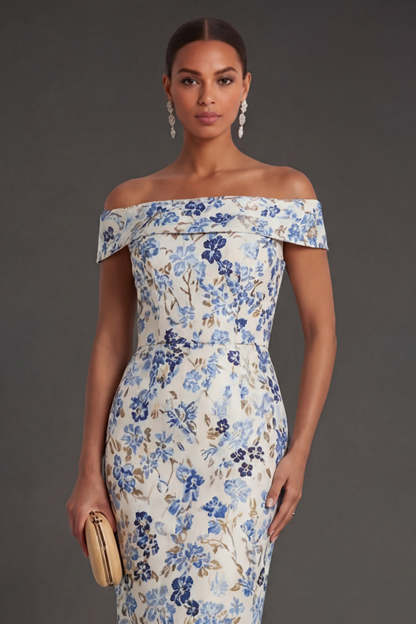 Dusty Blue Floral Off the Shoulder Sheath Midi Formal Dress