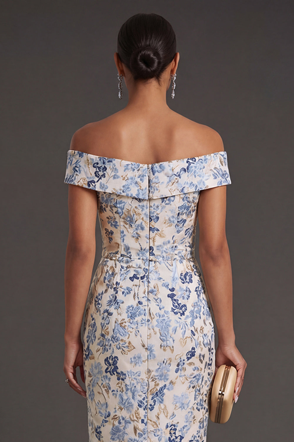 Dusty Blue Floral Off the Shoulder Sheath Midi Formal Dress