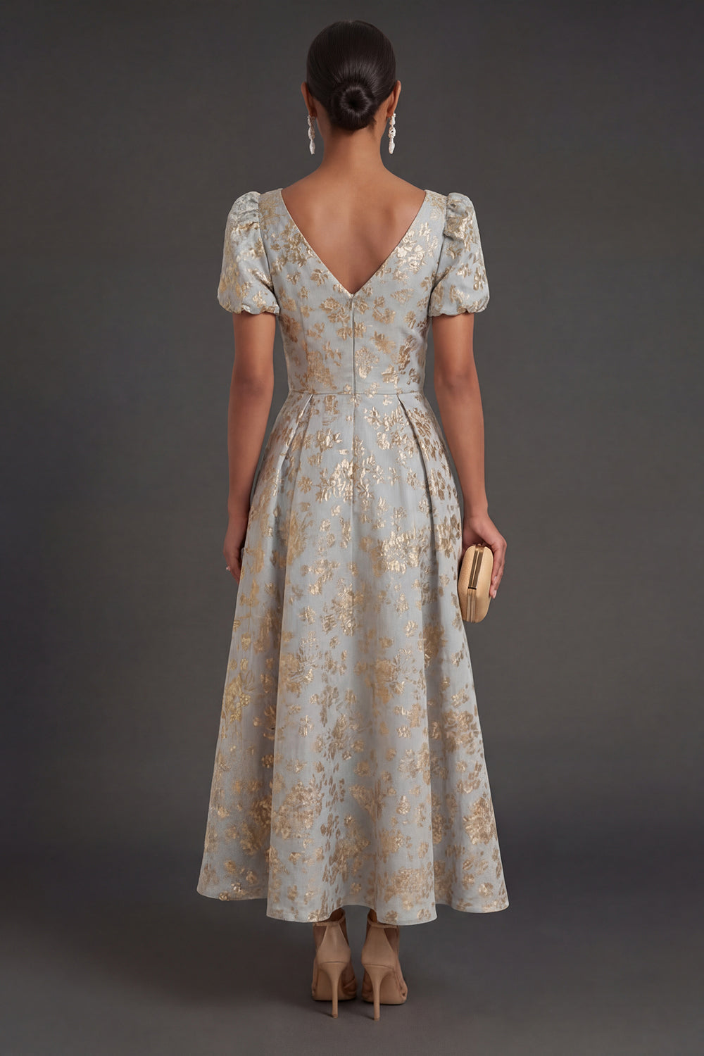 Puff Sleeves A Line Floral Dusty Blue Long Formal Dress