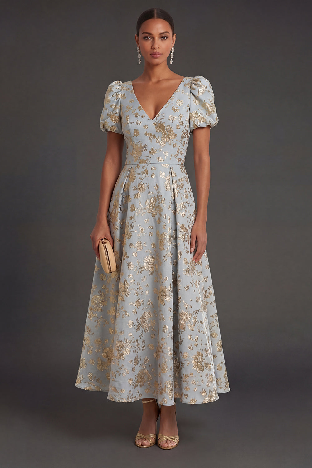 Puff Sleeves A Line Floral Dusty Blue Long Formal Dress