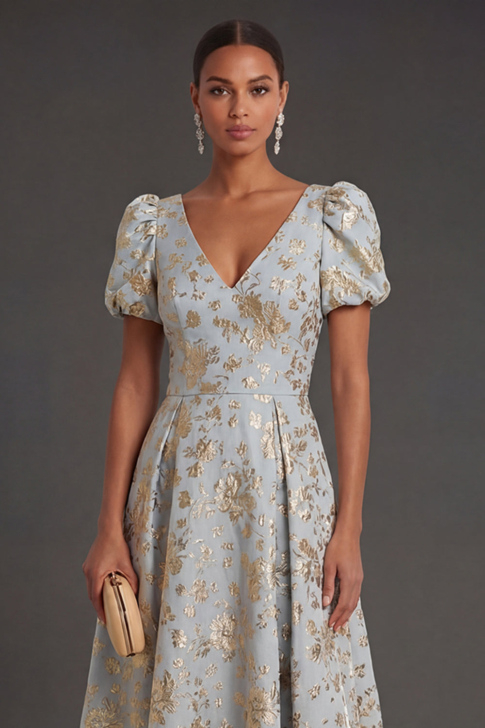 Puff Sleeves A Line Floral Dusty Blue Long Formal Dress