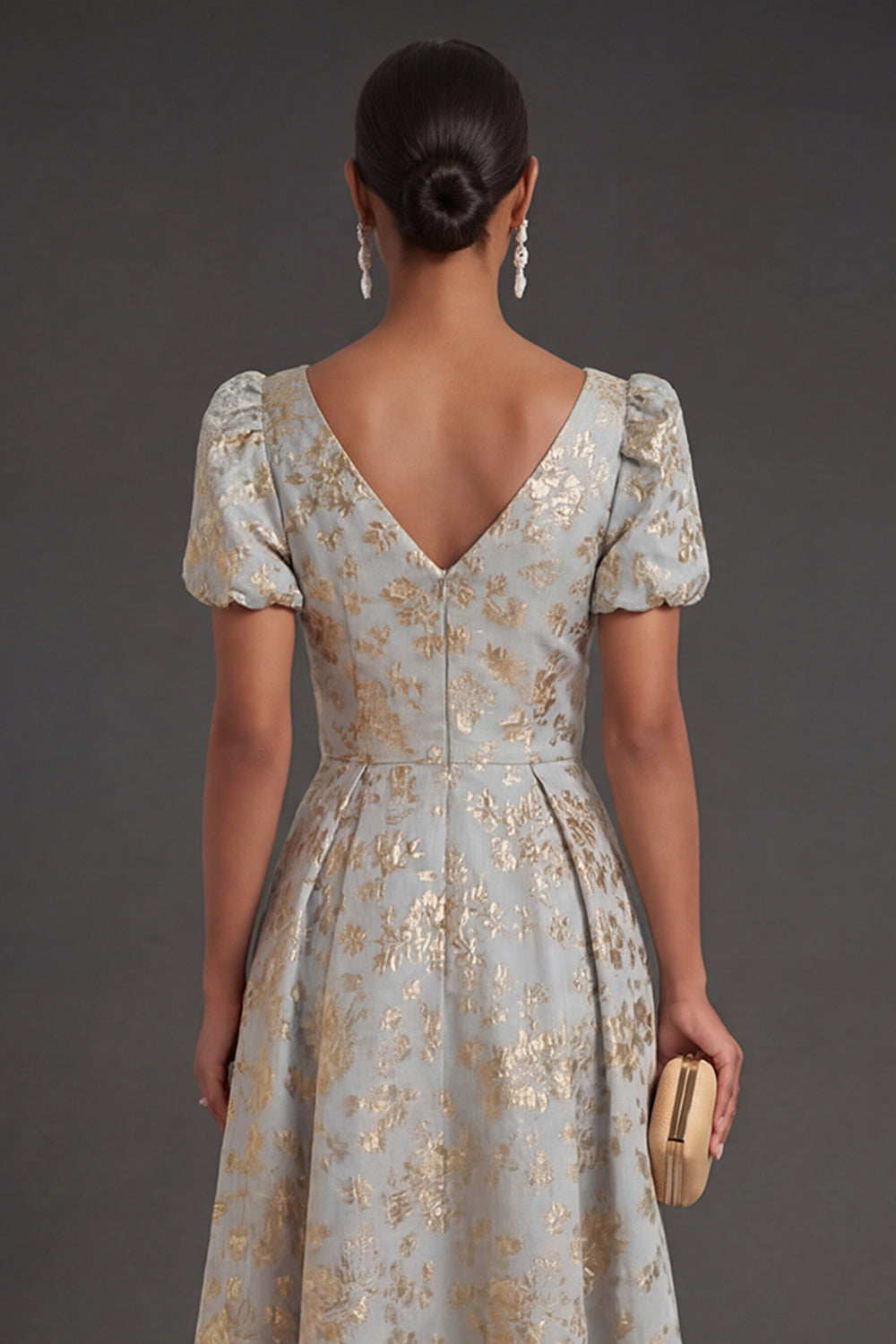 Puff Sleeves A Line Floral Dusty Blue Long Formal Dress