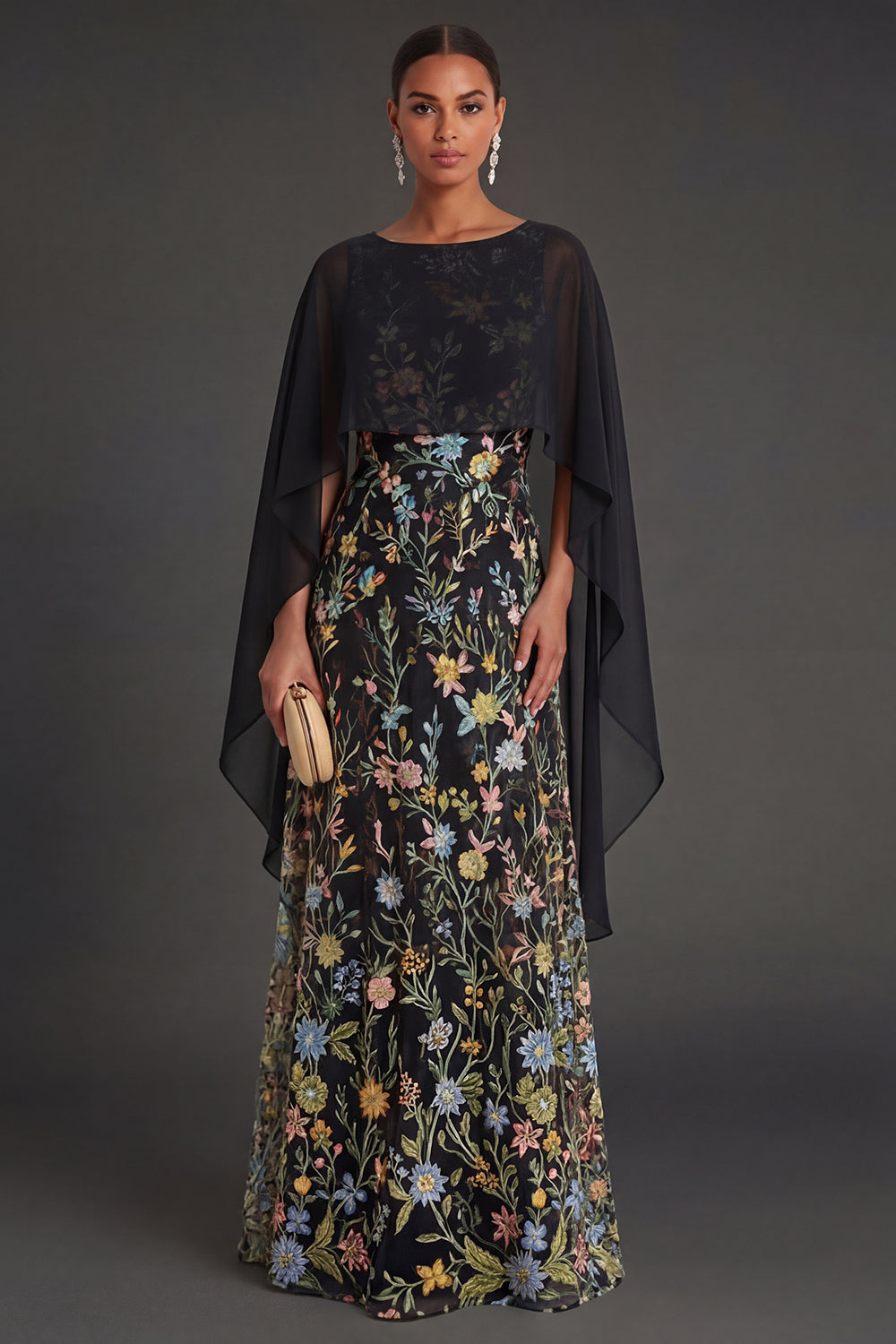Leely Women Black Floral Round Neck Long Formal Dress with Cape Embroidered Sleeveless Wedding Guest Dress