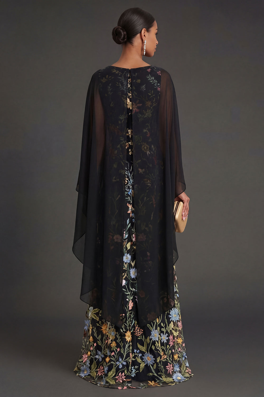 Black Floral Round Neck Long Formal Dress with Cape
