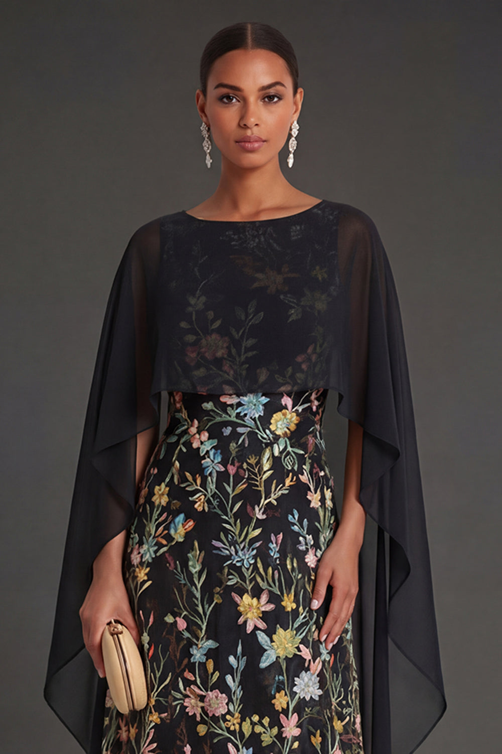 Black Floral Round Neck Long Formal Dress with Cape