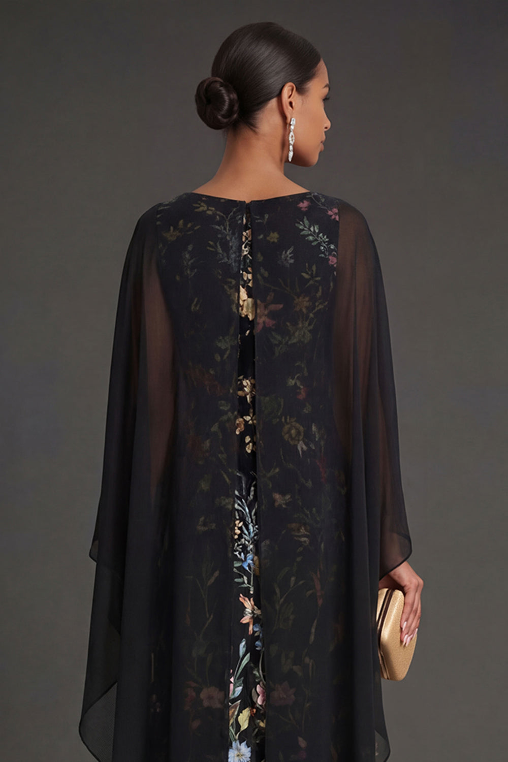 Black Floral Round Neck Long Formal Dress with Cape