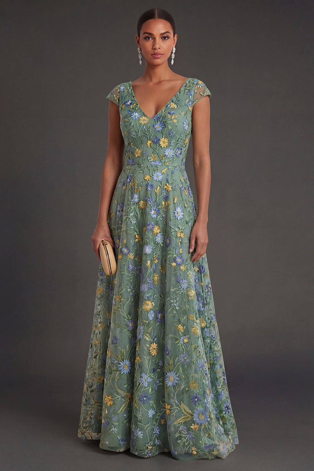 Green Floral A Line V Neck Long Formal Dress