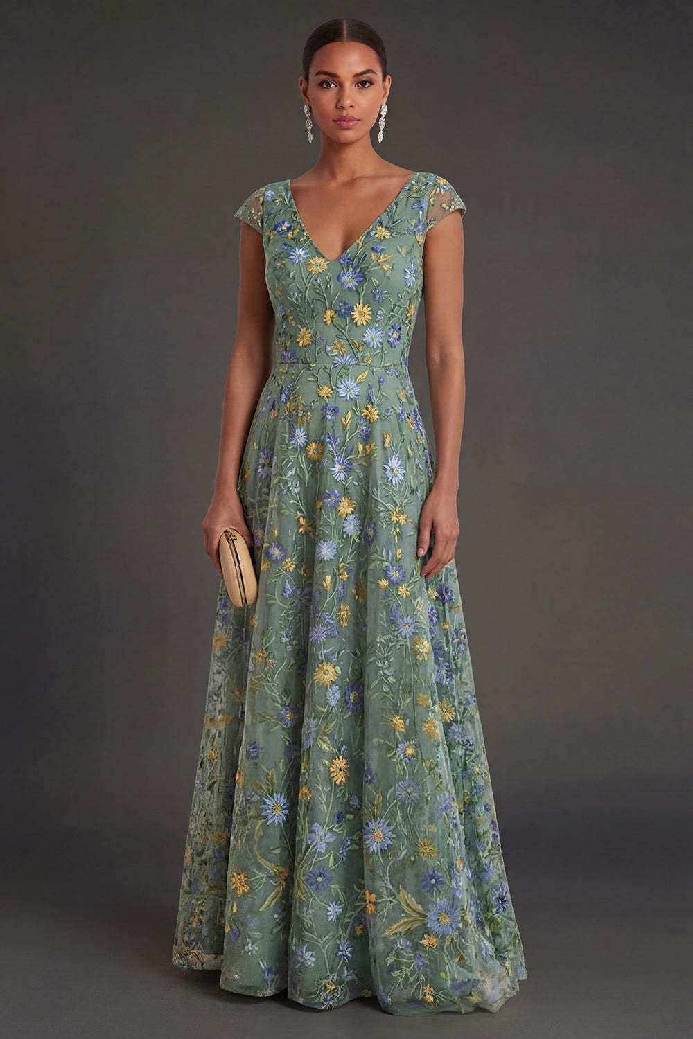 Leely Women Green Floral A Line V Neck Long Formal Dress Sleeveless Appliqued Evening Dress