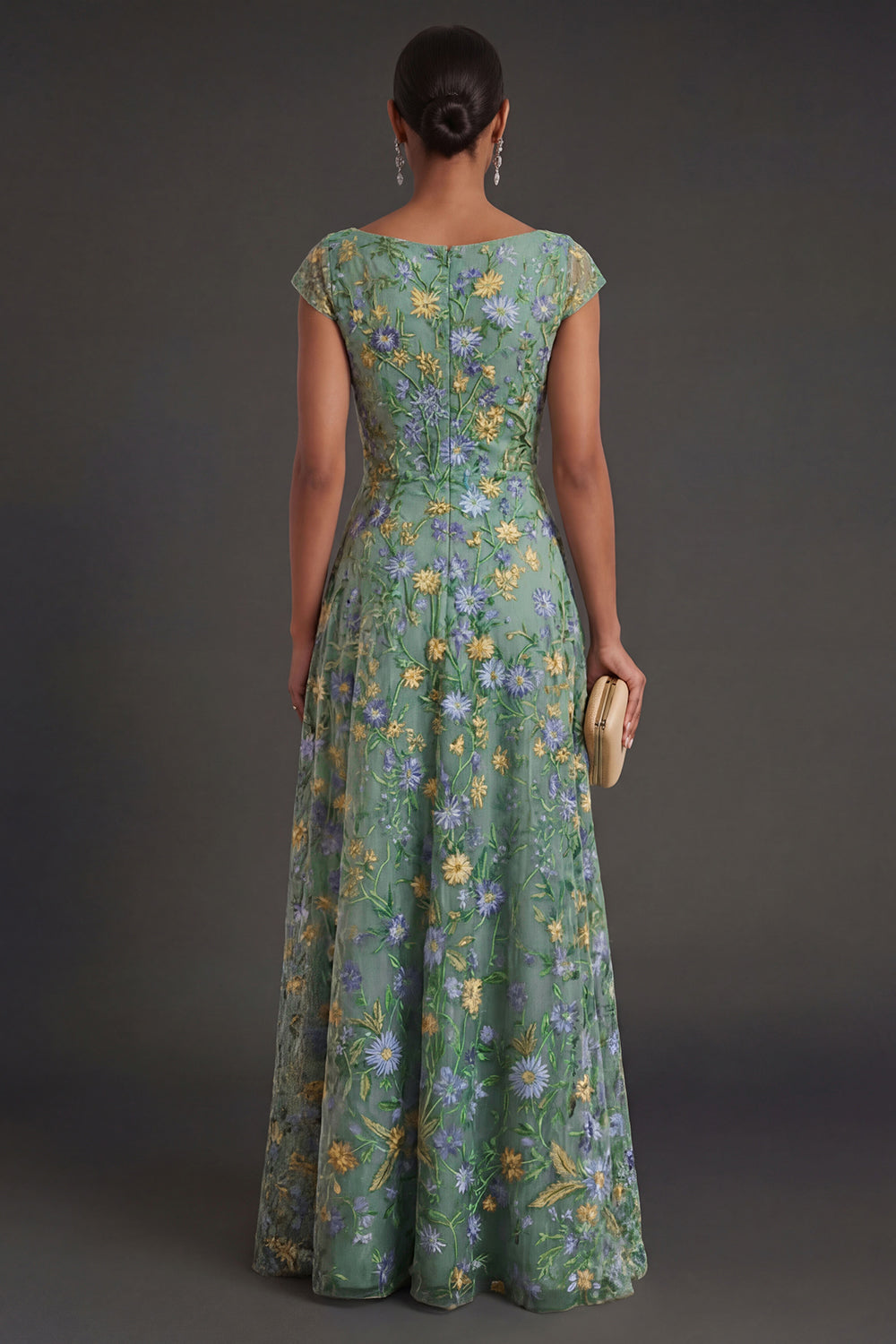 Green Floral A Line V Neck Long Formal Dress
