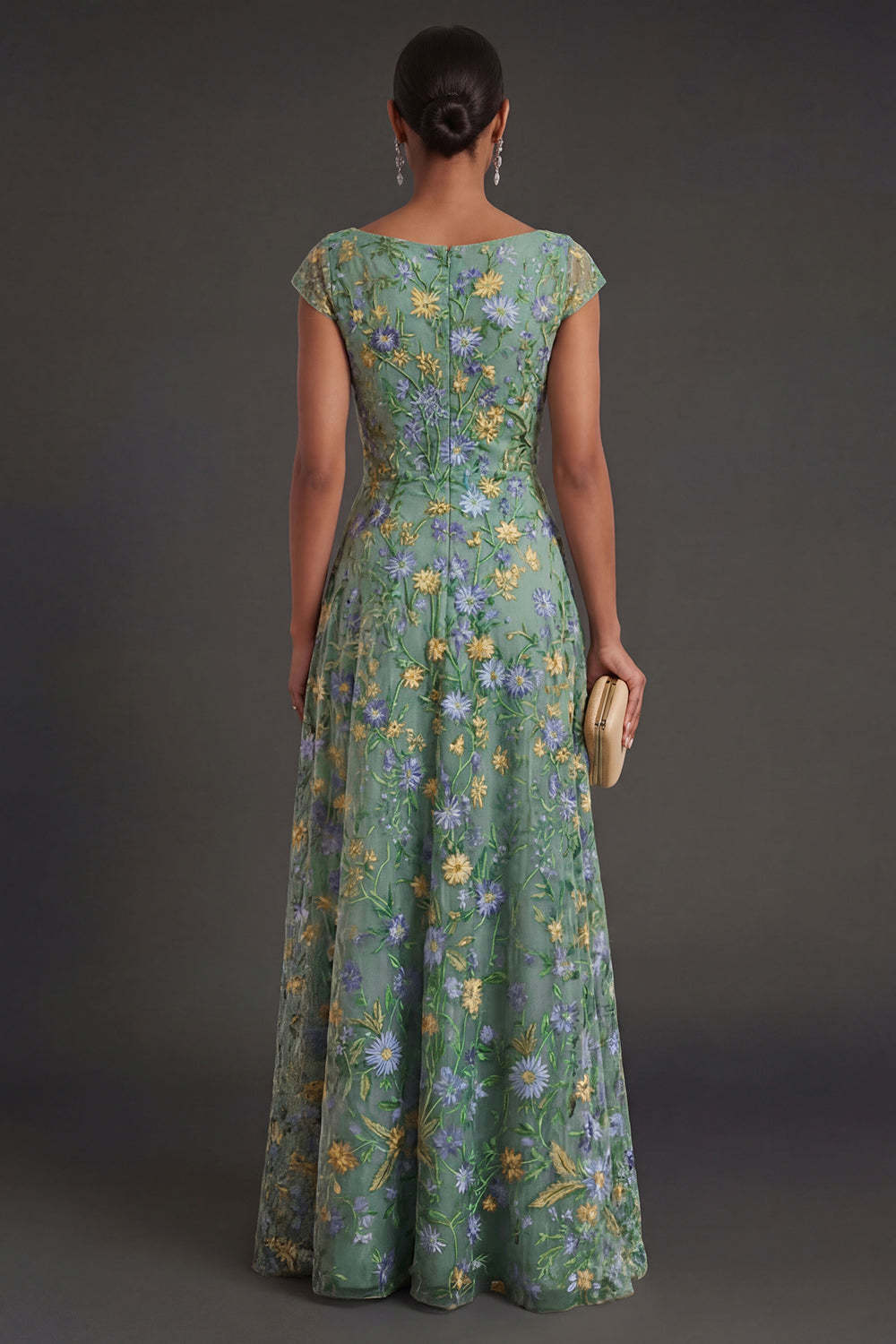 Green Floral A Line V Neck Long Formal Dress