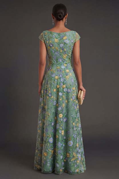 Green Floral A Line V Neck Long Formal Dress