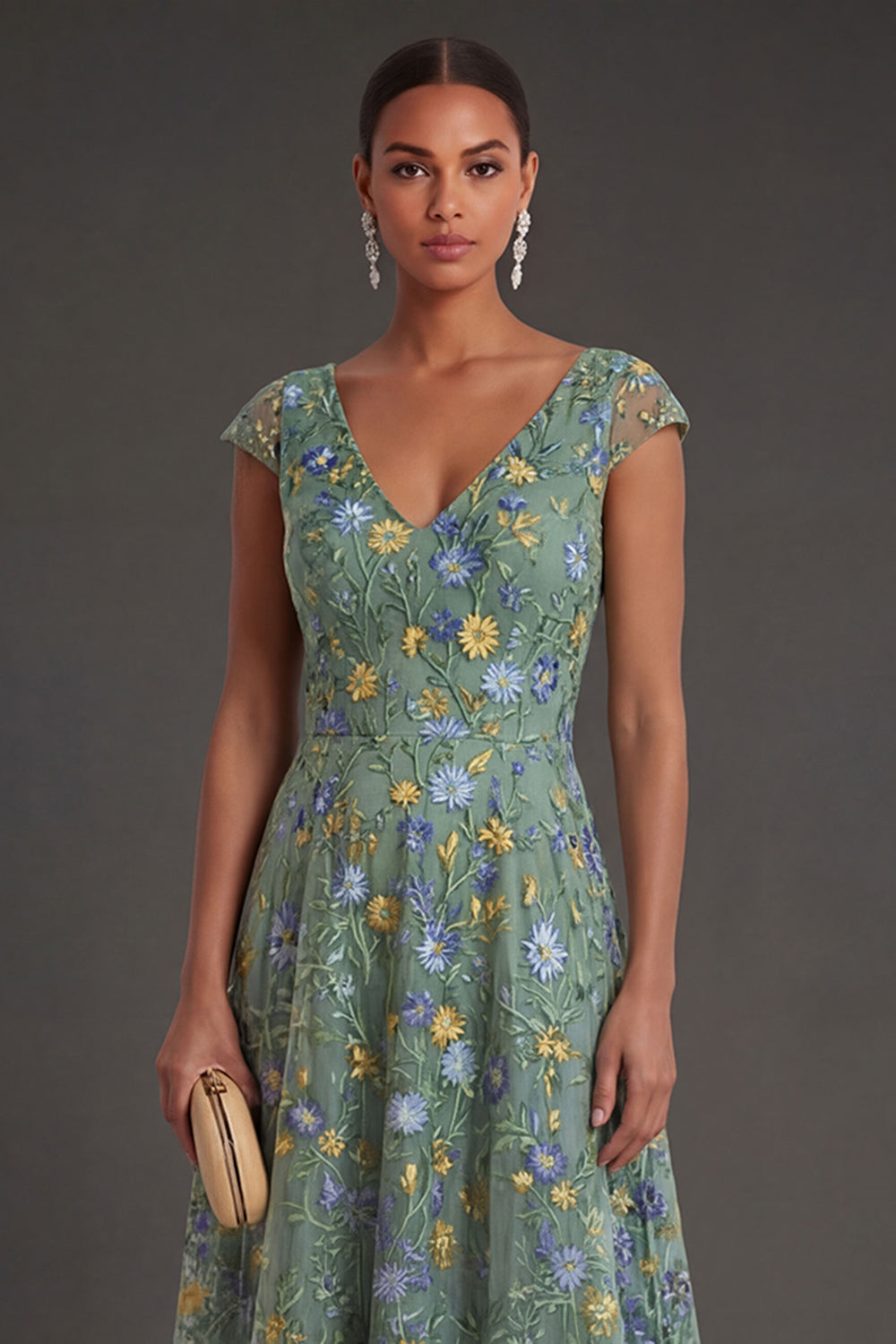 Green Floral A Line V Neck Long Formal Dress