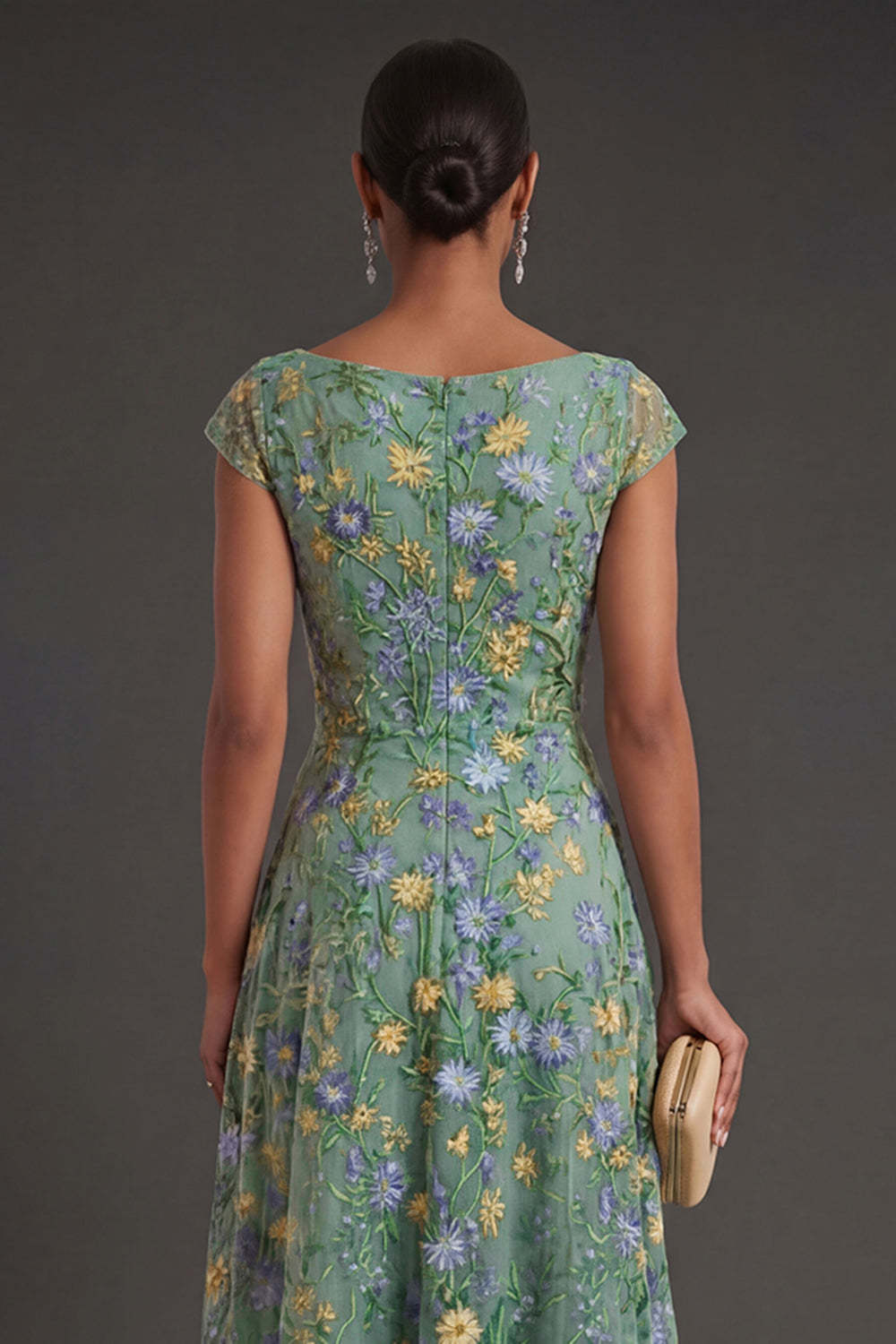 Green Floral A Line V Neck Long Formal Dress