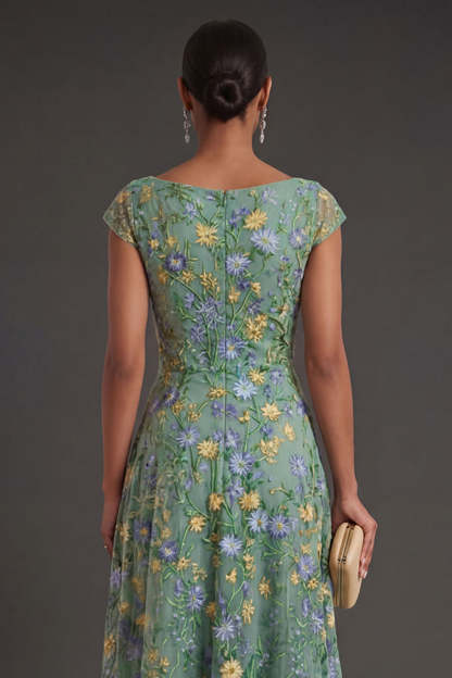 Green Floral A Line V Neck Long Formal Dress
