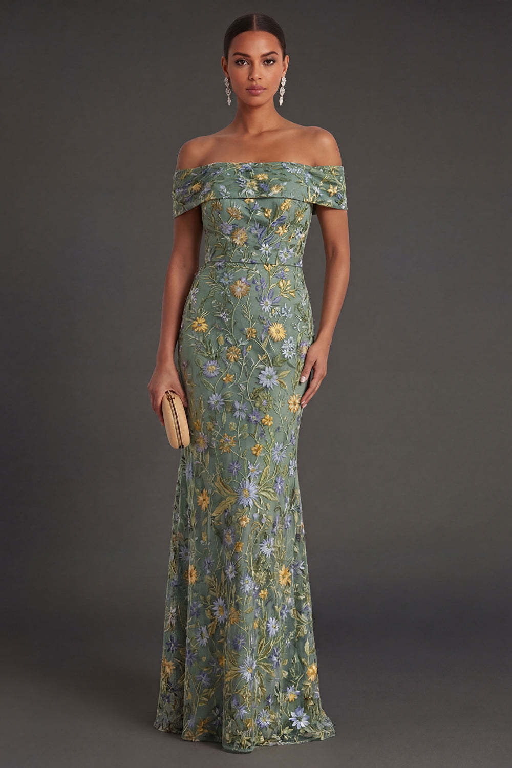 Leely Women Green Floral Mermaid Off the Shoulder Long Formal Dress Backless Sleeveless Wedding Guest Dress