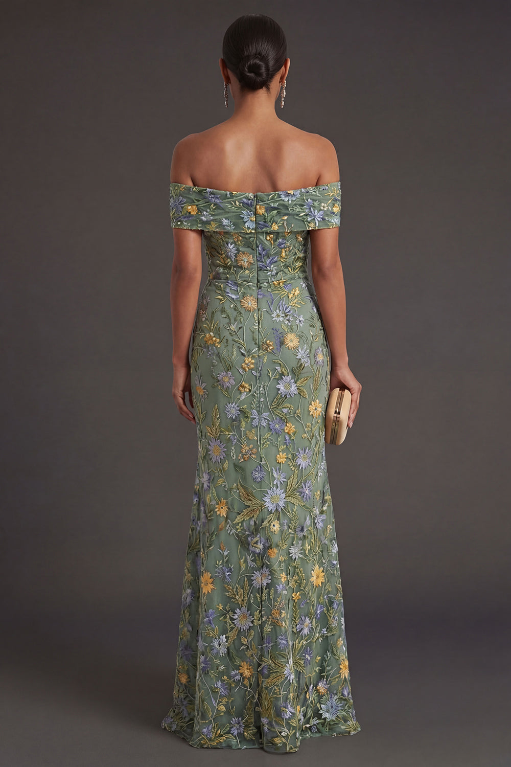 Green Floral Mermaid Off the Shoulder Long Formal Dress