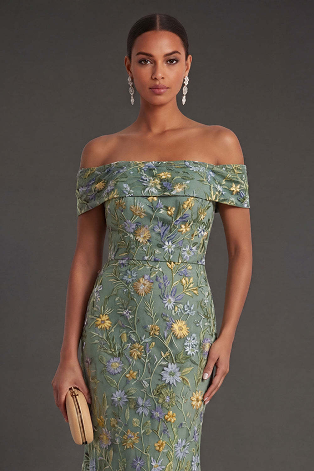 Green Floral Mermaid Off the Shoulder Long Formal Dress