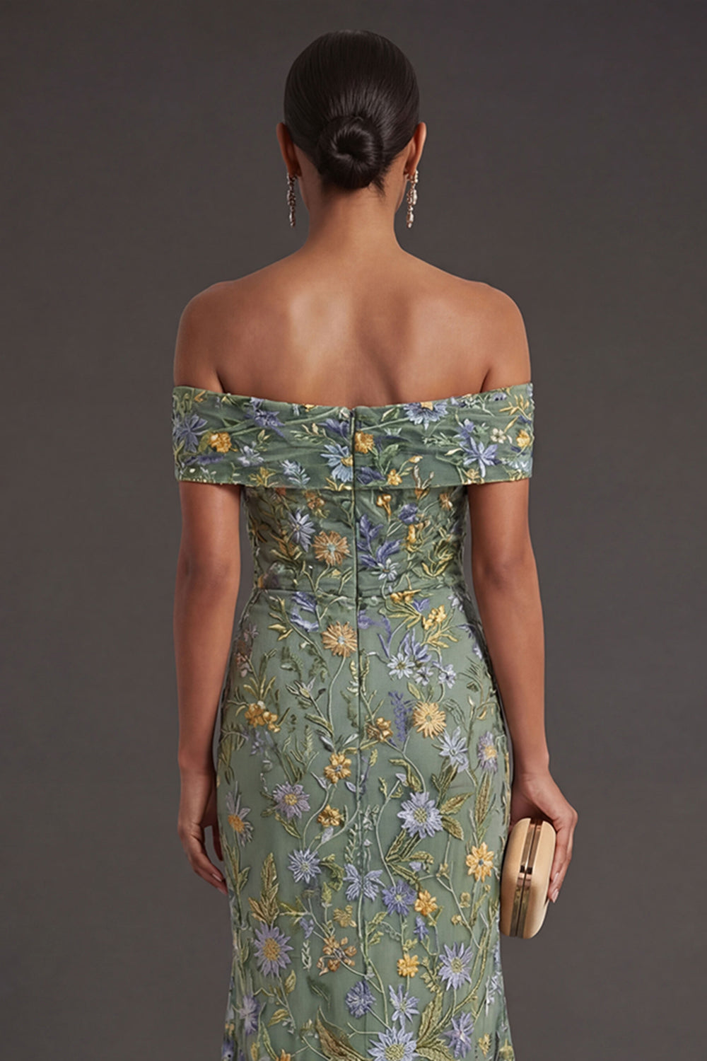 Green Floral Mermaid Off the Shoulder Long Formal Dress