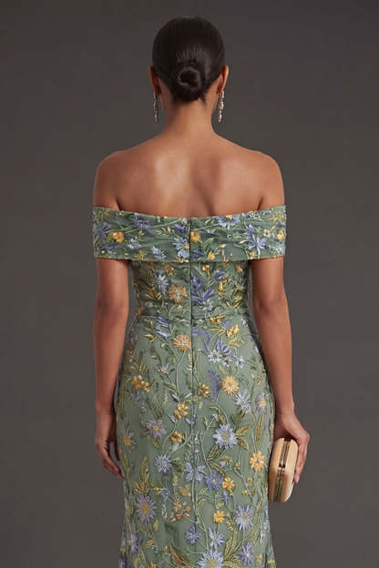 Green Floral Mermaid Off the Shoulder Long Formal Dress