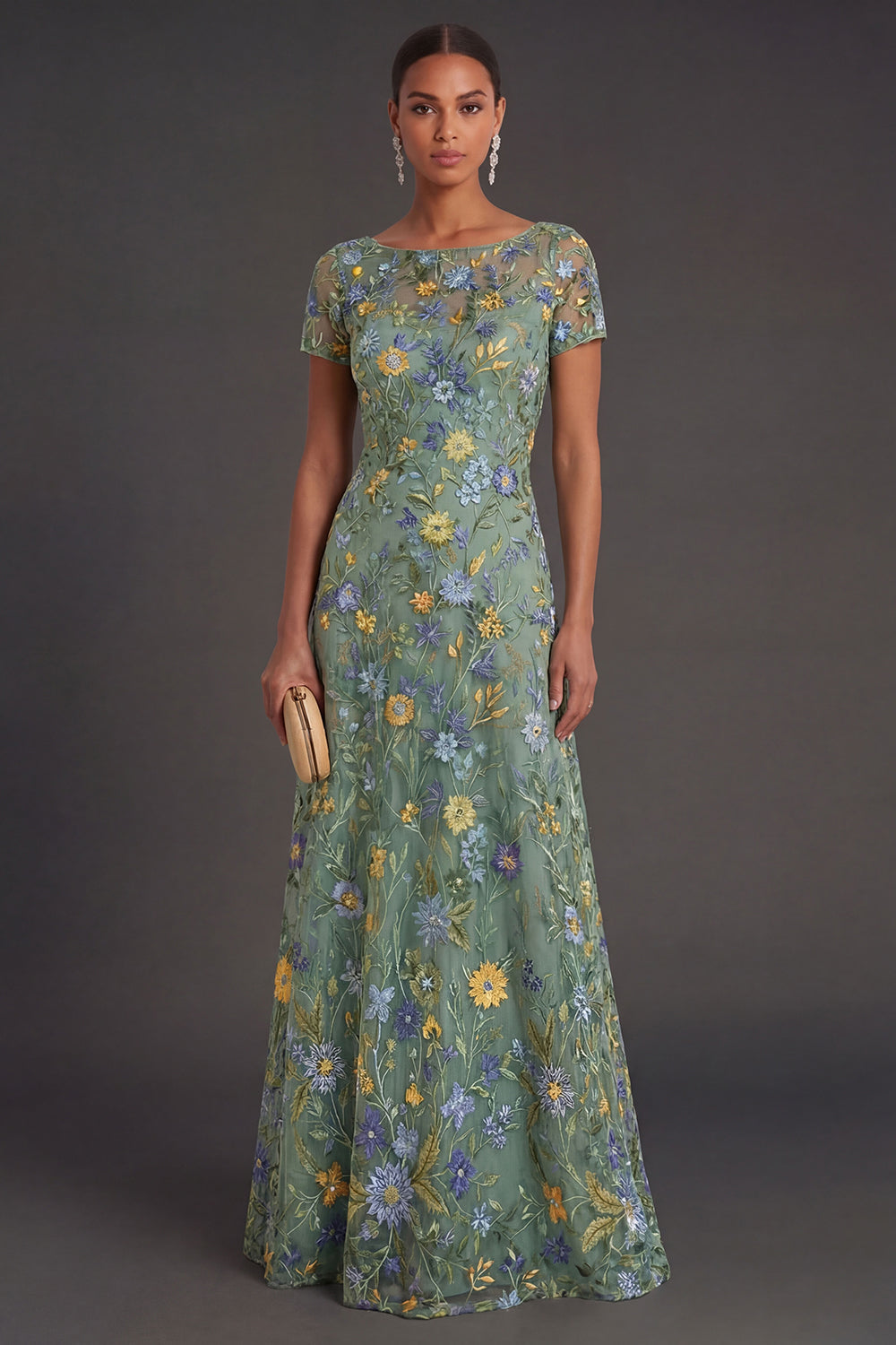 Leely Women Illusion Neck Green Floral Sheath Long Formal Dress Embroidered Short Sleeves Evening Dress