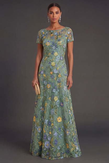 Leely Women Illusion Neck Green Floral Sheath Long Formal Dress Embroidered Short Sleeves Evening Dress