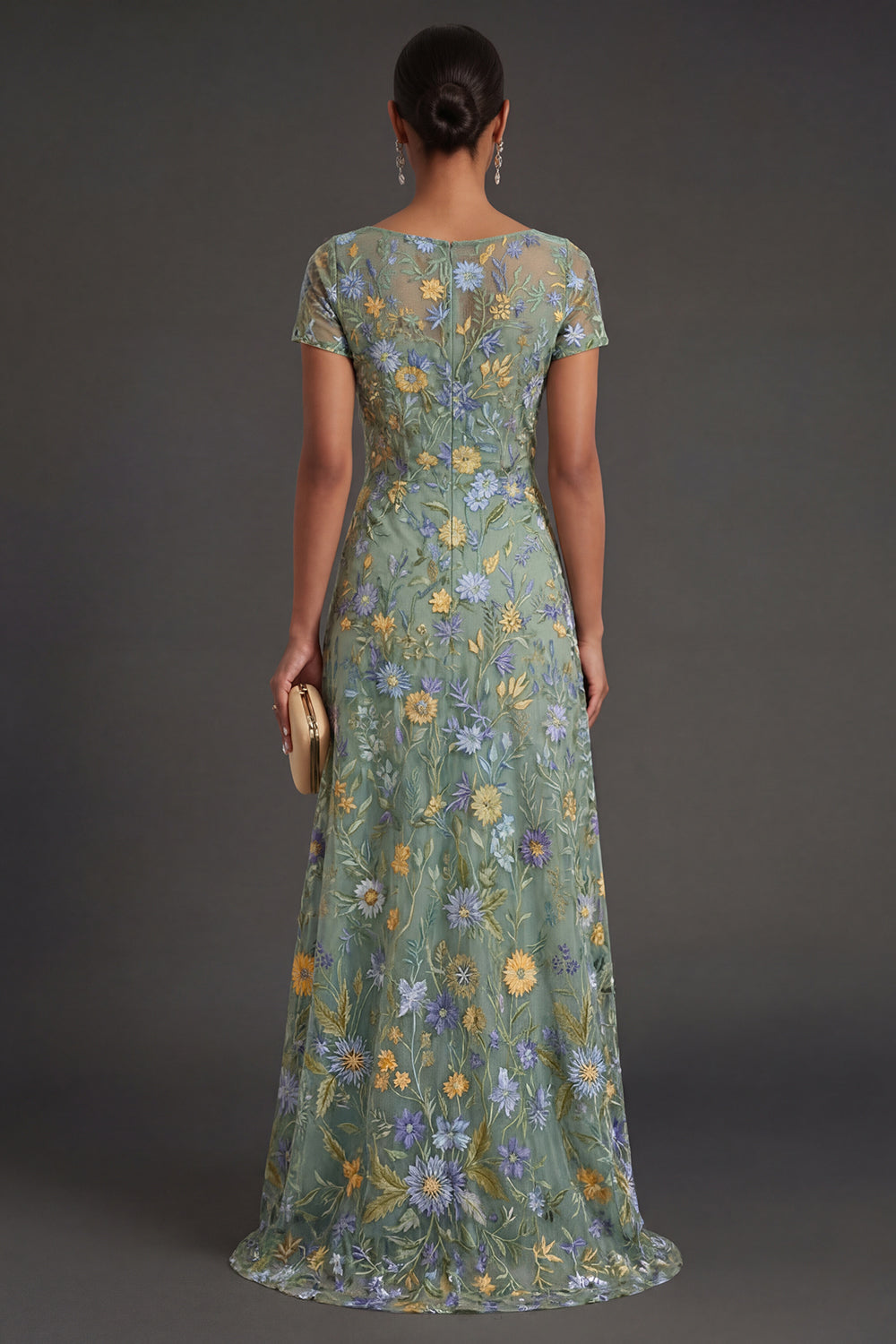 Illusion Neck Green Floral Sheath Long Formal Dress