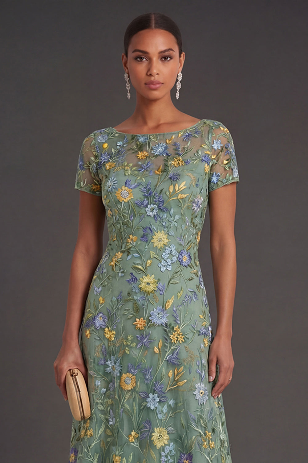 Illusion Neck Green Floral Sheath Long Formal Dress