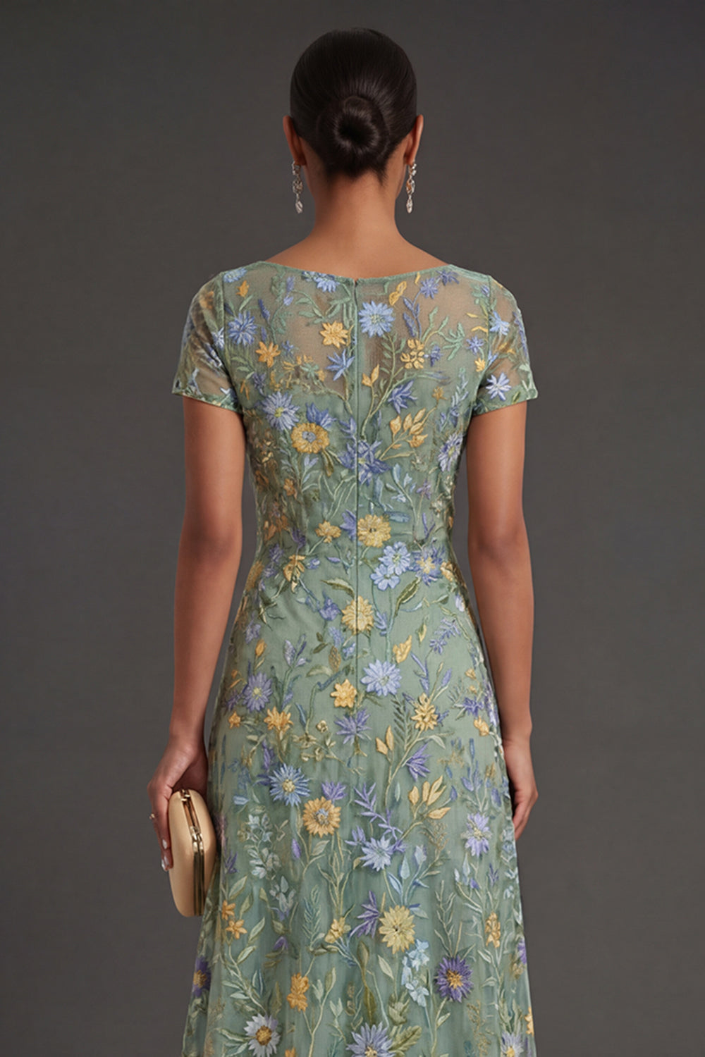 Illusion Neck Green Floral Sheath Long Formal Dress