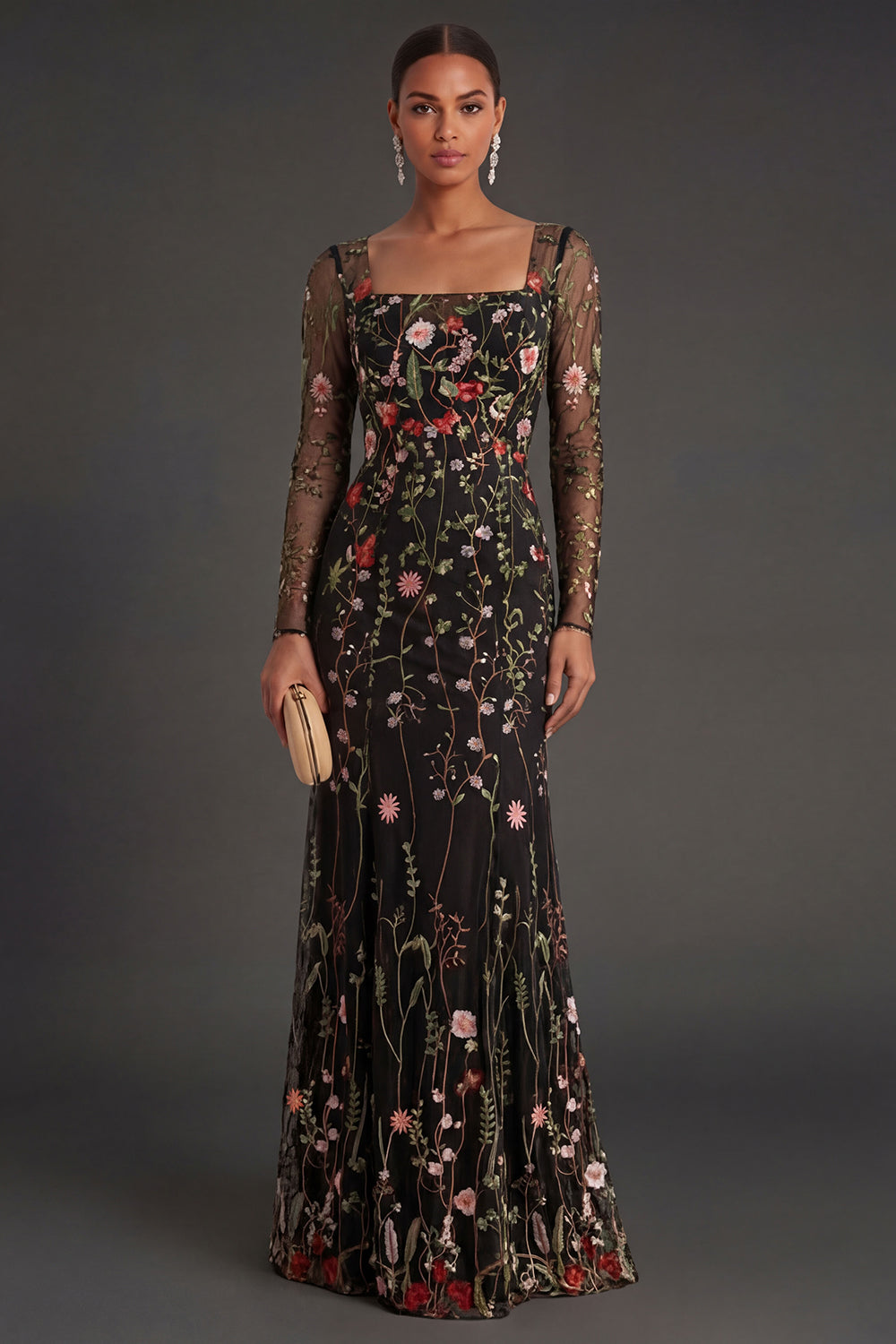 Leely Women Black Floral Sheath Square Neck Long Formal Dress Long Sleeves Appliqued Wedding Guest Dress