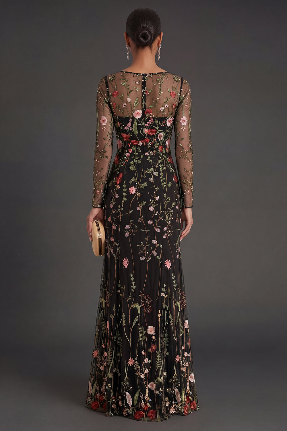 Black Floral Sheath Square Neck Long Formal Dress