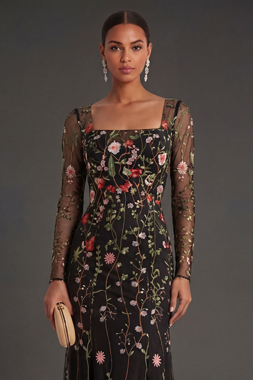 Black Floral Sheath Square Neck Long Formal Dress