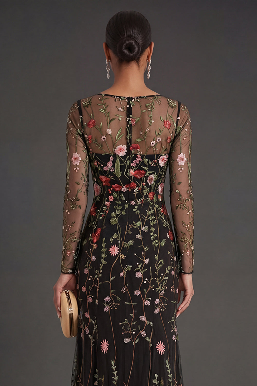 Black Floral Sheath Square Neck Long Formal Dress