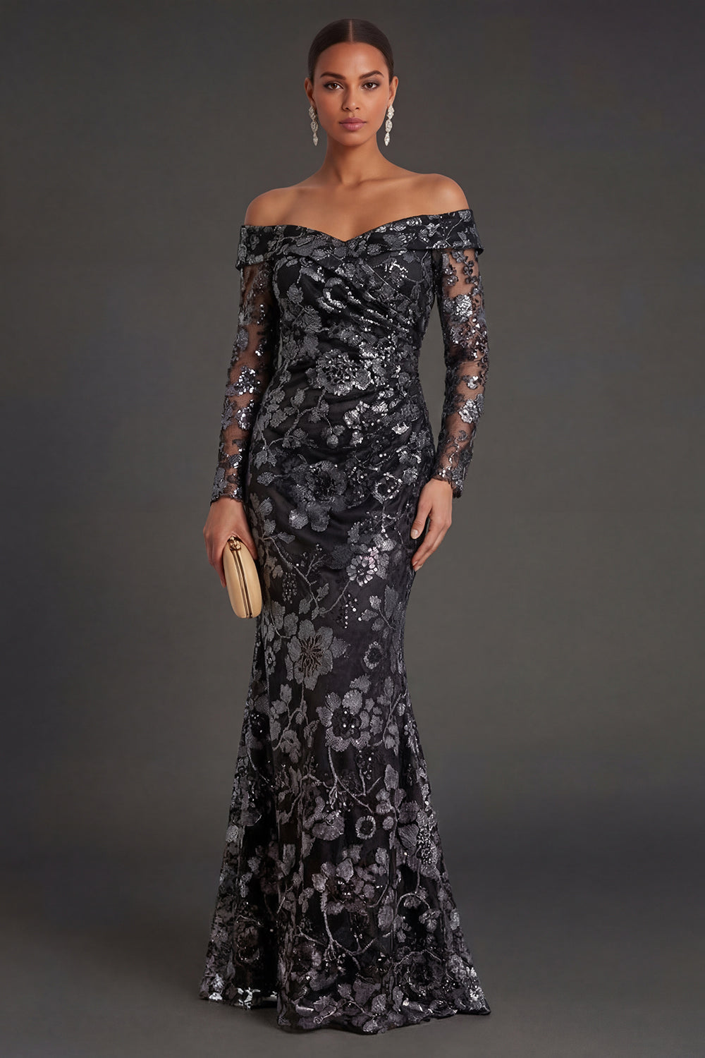 Leely Women Sparkly Black Sheath Floral Long Formal Dress Long Sleeves Off the Shoulder Evening Dress